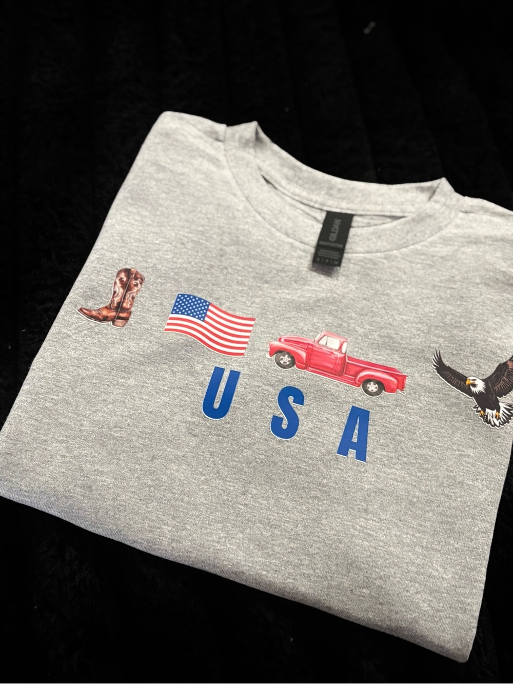 Gray USA Graphic Tee with Red Truck and Patriotic Icons